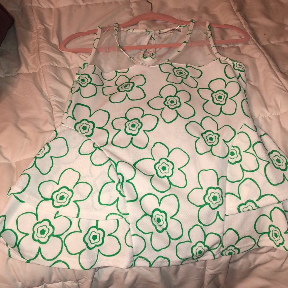Green and white blouse with see through straps